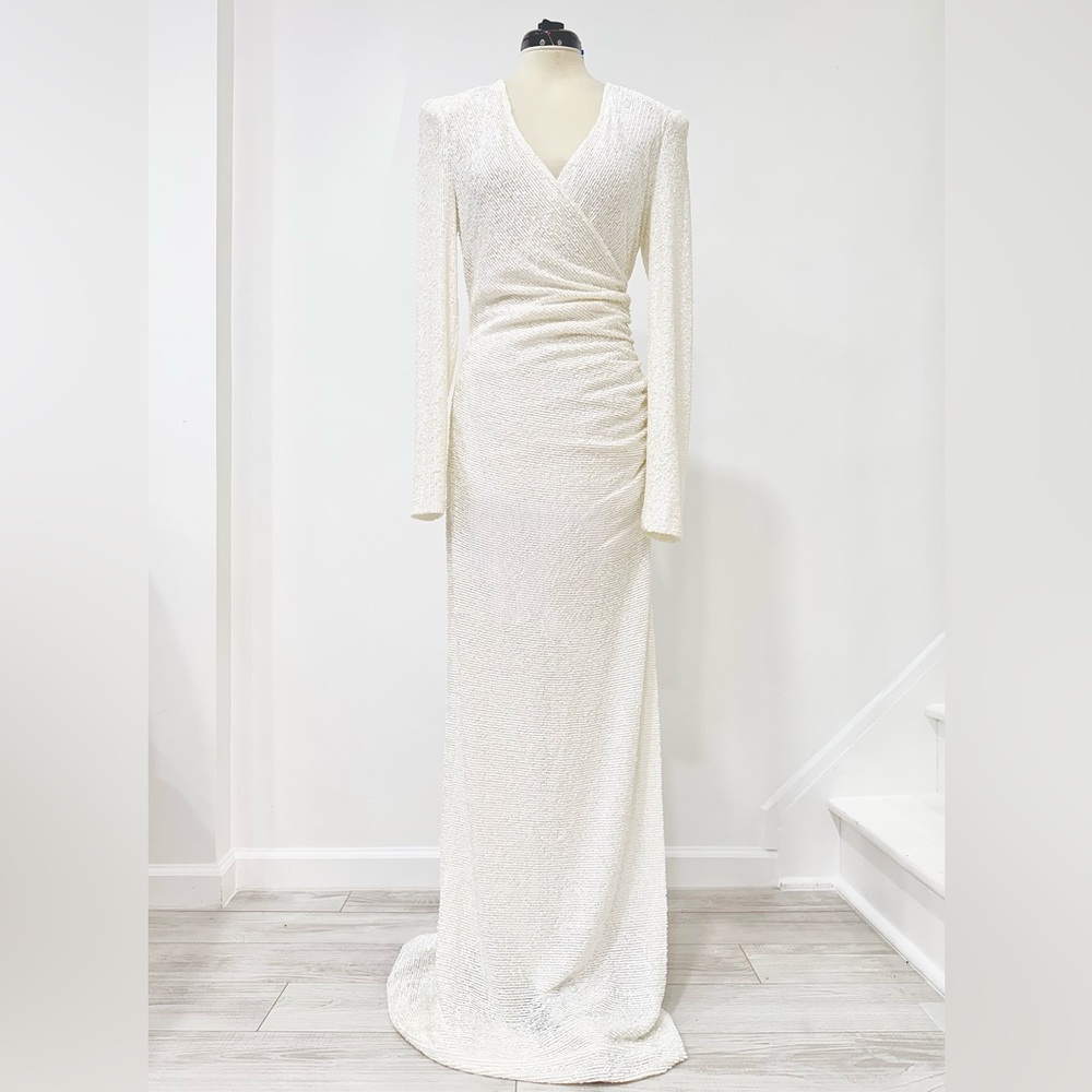 Naeem Khan Sequined Column Gathered V-Neck Gown Long-sleeve White maxi Dress